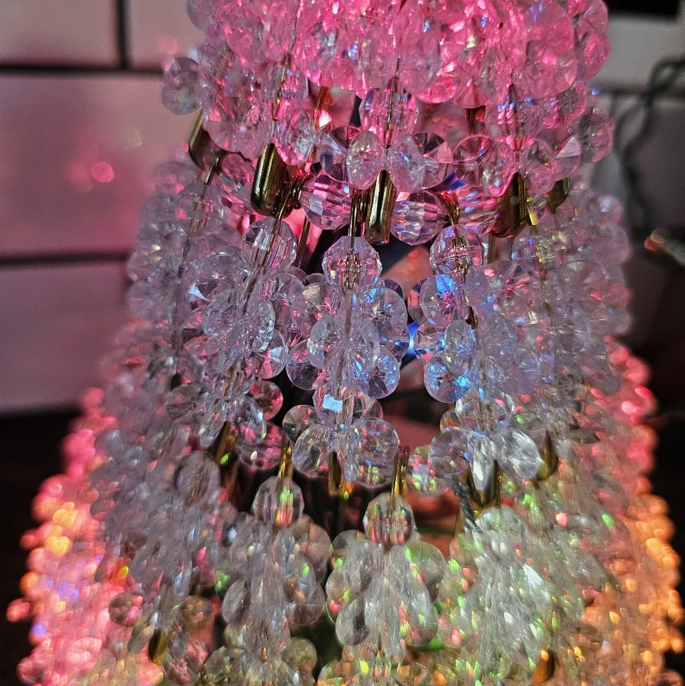 Vtg Safety Pin Clear Beads Gold Pink Christmas Tree 10” Lighted‎ Colored Lights